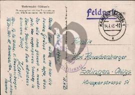 Verso carte postale ancienne écrit en allemand tampon Feldpostg Kamenz 1943