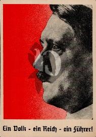 Recto carte postale ancienne portrait d'Hitler sur fond rouge avec une inscription en bas un peuple un reich un chef en Allemand 1937