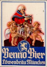 Recto carte postale ancienne marque de biére Lowenbrau Munchen avec 4 petits ange et un homma avec un poisson sur un livre et des clefs