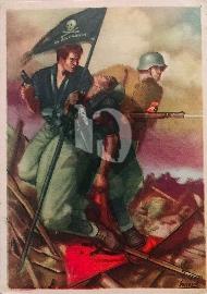 Recto carte postale ancienne vu d'une carte postale propagande italienne deux soldats italienne avec chemise noir et drapeau noir LA DISPERATA  avec un soldat bléssé et un autre soldat allemand avec brassard du NSDAP piétinant le drapeau de l'URSS
