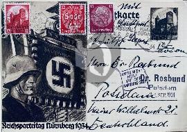 Recto carte postale ancienne recommandé voyagé poar avion Hambourg - Amérique du sud 4 timbres reichsparteitag, SAAR, Hindenbourg et timbre pré-imprimé de l'événement Reichsparteitag 1934
