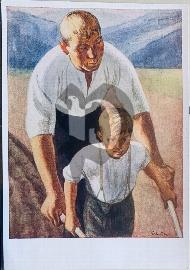 Recto carte postale ancienne un pére et son  fils blond qui travaille dans un champ