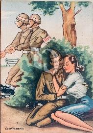 Recto carte postale ancienne humoristique un couple dont un soldat se cache dans un buisson pendant que deux policiers militaires passe le regard devant 1950