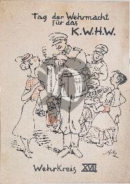 Recto carte postale ancienne dessin de deux soldats Allemands de la Wehrmacht pour la journée de l'armée événement secours d'hiver de guerre KWHW 1934