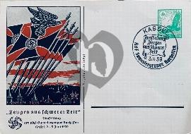 Recto carte postale ancienne vu sur kassel avec plusieurs drapeaux N-S Reichskriegerbundes anciens combattants avec un tampon de ville Kassel kdf sammlergruppe 1939