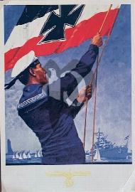 Recto carte postale ancienne un marin de la kriegsmarine qui brandit un drapeau de la marine allemande avec croix de fer avec dans le fond vu sur des voiliers et un cuirassé 1940