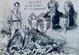 Recto carte postale ancienne on voit Hitler arrachant des traités avec du sang sur les mains et un poignard dans l'autre 1939