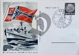 Recto carte postale ancienne vu sur torpedo torpilleurs avec le drapeau de la Kriegsmarine rouge blanc noir artiste Axster-Heudtlass avec le tampon de la ville de Kassel et du kdf