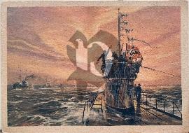 Recto carte postale ancienne vu d'un sous-marin u-boot allemand sur la mer protégeant bateau allemand rentrant au port image tiré d'un tableau de Karl Blossfeldt 1940 1942