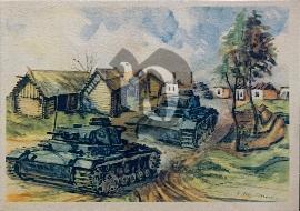 Recto carte postale ancienne on deux chars panzer au combat en Russie 1942