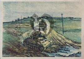 Recto carte postale ancienne deuxw char Panzer division dans des champs en Russie 1942